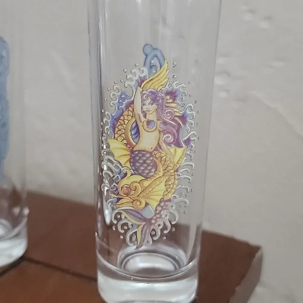 Ed Hardy MERMAIDS & KOI FISH Tall Shooter Glasses, Christian Audigier, Set of 3